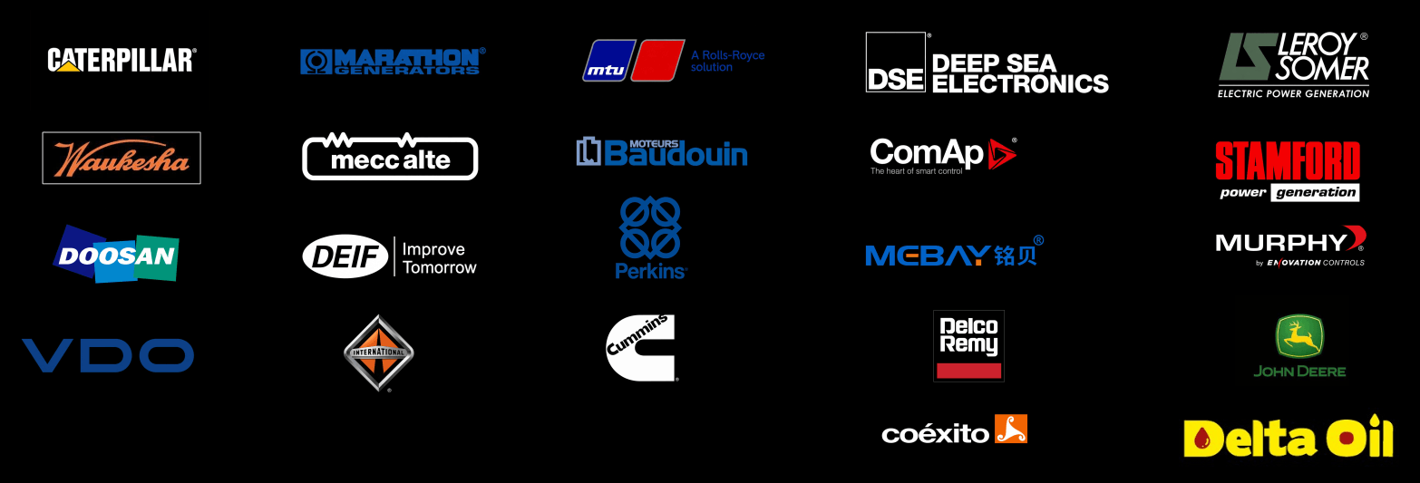 Logotipos de las marcas aliadas de Zama Energy: Caterpillar (CAT), Perkins, Cummins, Kohler y más